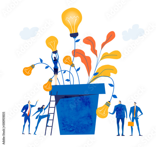 Business people growing light bulbs as symbol of success. Generating new ideas, unique approach, solve problems, support. First place, the best banker, year award. Business people get awards. 