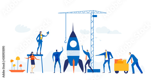 Successful business people building and get ready to launch rocket. New business, start up. Development and progress support concept