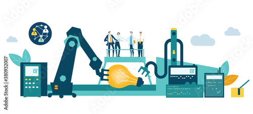 People manufacturing light bulbs, people work next to manufacturing belt, conveyer. Create new idea. Assembling and developing new product. New start up, new business. 
