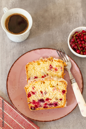 Close up pound  berry fruit cake and coffee. Top view. photo