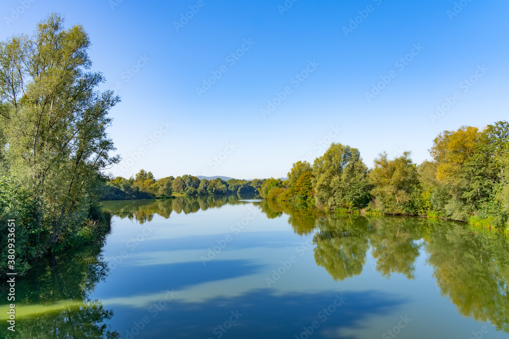 Beautiful panorama of the lake landscape on a summer day in the Fuldaaue in Kassel, Germany Beautiful panorama of the lake landscape on a summer day in the Fuldaaue in Kassel, Germany