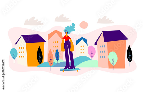 Active young woman riding a skateboard and listening music on headset in city park with trees, buildings in colorfull background. Cartoon female character. Healthy lifestyle concept.