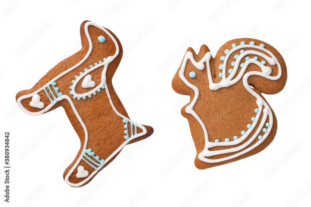 Gingerbread Dog And Squirrel Cookies Isolated