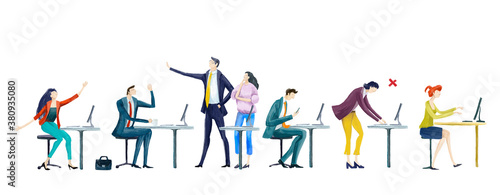 Digital illustration Big group of business people work in office, having a meeting, discussing the deal and business planning. Work together. Business concept