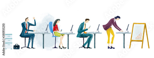 Digital illustration Big group of business people work in office by desks. Support, business planning, advisory. Work together. Business concept