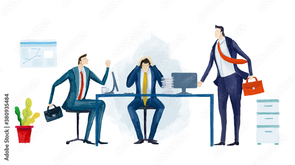 Fototapeta premium Digital illustration Business people in office, working under the stress and pressure. Developing team, solving problems, finding solution, support and advisory. Business and finance concept