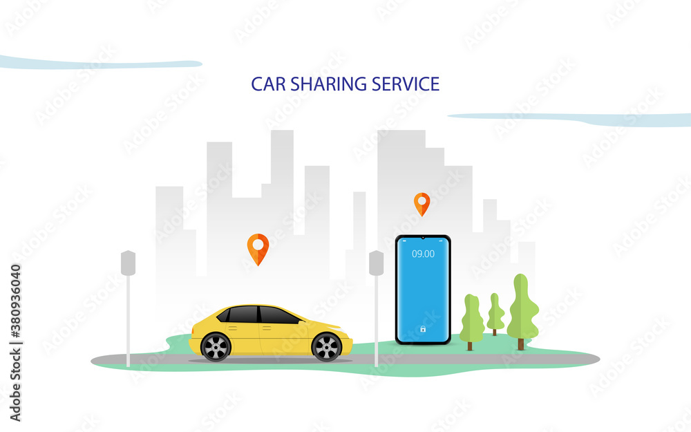 Vector Illustration of car sharing service or online transportation concept. People use smartphone to order online transportation car based on GPS. Modern Flat style design illustration 