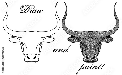 Coloring book page with patterned head of a bull or ox isolated on white background. Decoration for printing on fabric. Meditation and antistress in drawing and coloring.