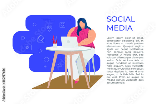 Overweight woman working on laptop