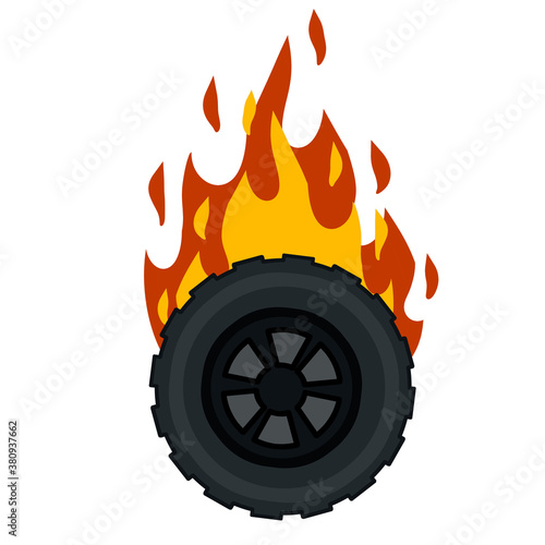 Burning wheel of car. Flames on tire. Technical problems and accident. Symbol of speed and racing. Fire on road