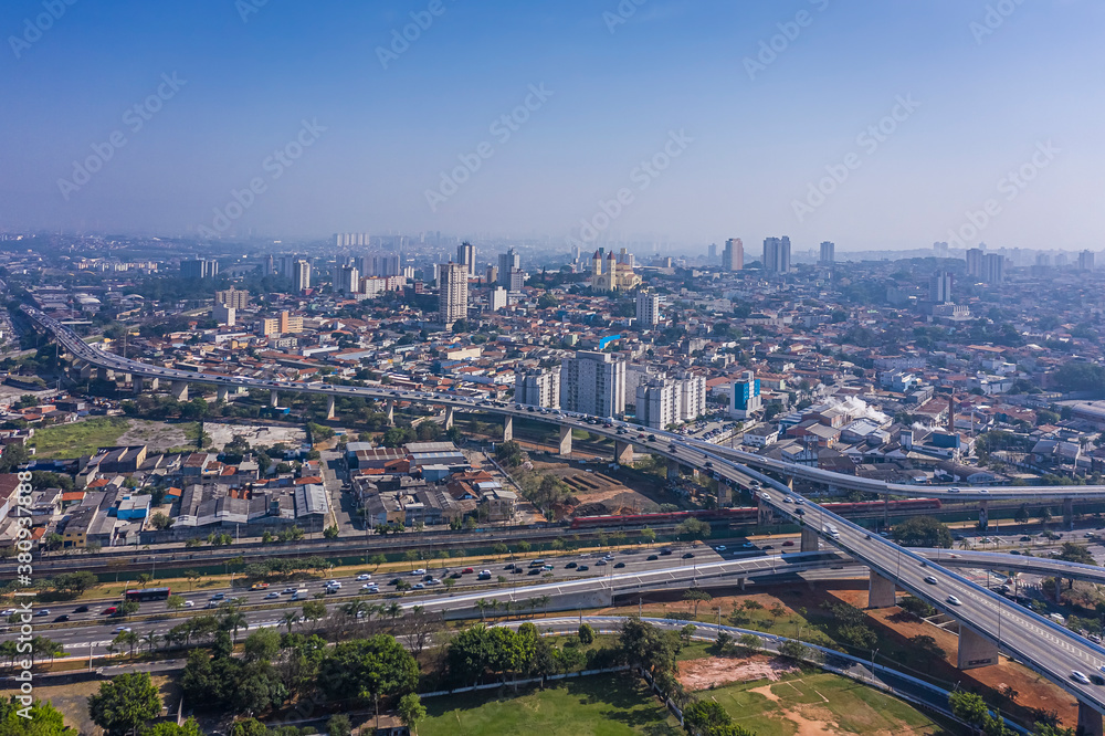 Aerial view of Avenida Radial Leste with Basilica of Nossa Senhora da Penha in the background, Sao Paulo, Brazil
