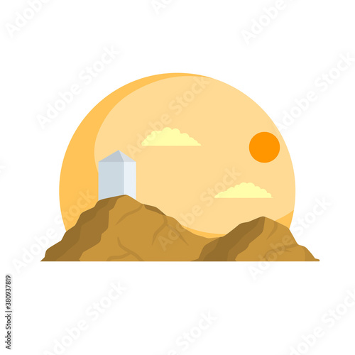 Mount Arafat. Holy Muslim place. White tower in Saudi Arabia. Islamic religion. Flat cartoon illustration. Element of pilgrimage and Hajj to Mecca