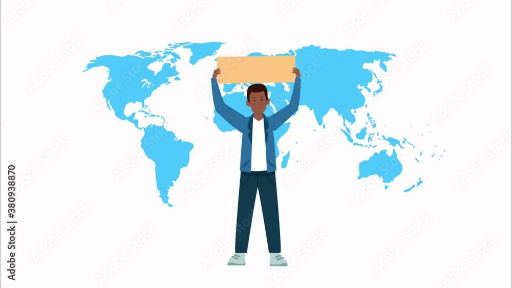 afro man protesting with banner and earth maps character afro man protesting with banner and earth maps character