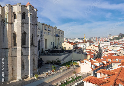Cityscape with ruins of the Gothic Carmo Church destroyed by the 1755 earthquake in Lisbon, Portugal