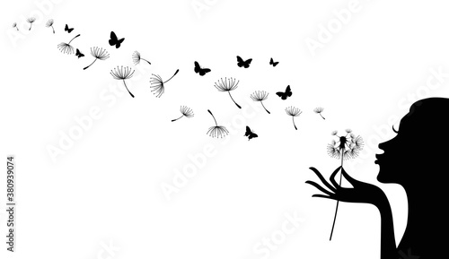 Vector illustration of silhouette of girl blowing to dandelion