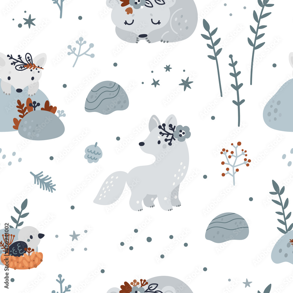 Obraz premium Seamless pattern with cute baby animals: bear, bird in the nest, wolf, arctic fox. Childish pattern with forest animals in scandinavian style. Ideal for kids apparel, wrapping paper, wallpaper