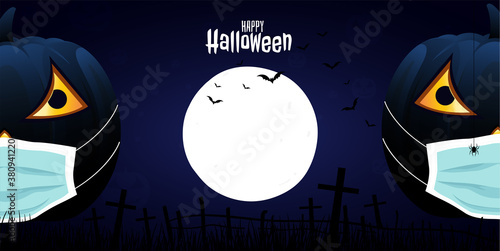 dark Halloween pumpkins wearing face mask, dark Halloween Horror background with groups of bats on bright moon with woods, spooky tree, pumpkins and spider web. Space for your Halloween holiday text.