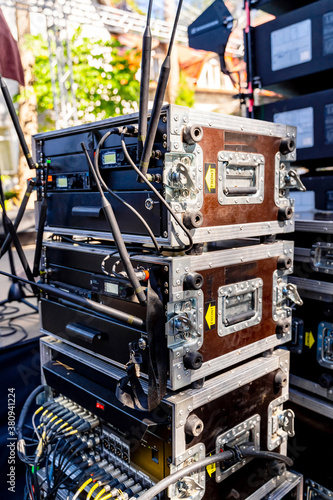 Boxes for equipment. Preparation for a concert. Portable equipment for concert. Closeup.