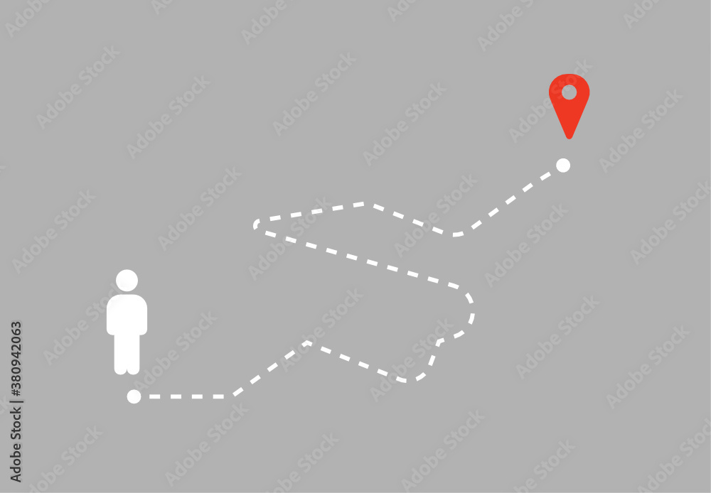 Route location icon, two-pin sign, and dotted line road start and end ...