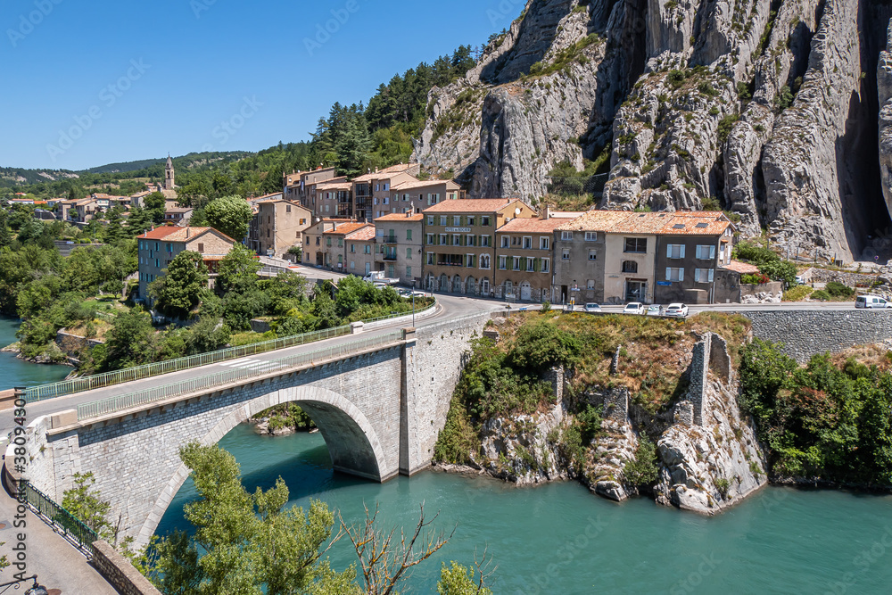 Scenic view at Sisteron at the foot of monumental rocks
