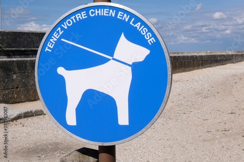 Panneau indiquant en français tenez votre chien en laisse photo