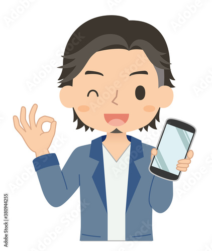 OKサインでスマホを持つ男性　イラスト