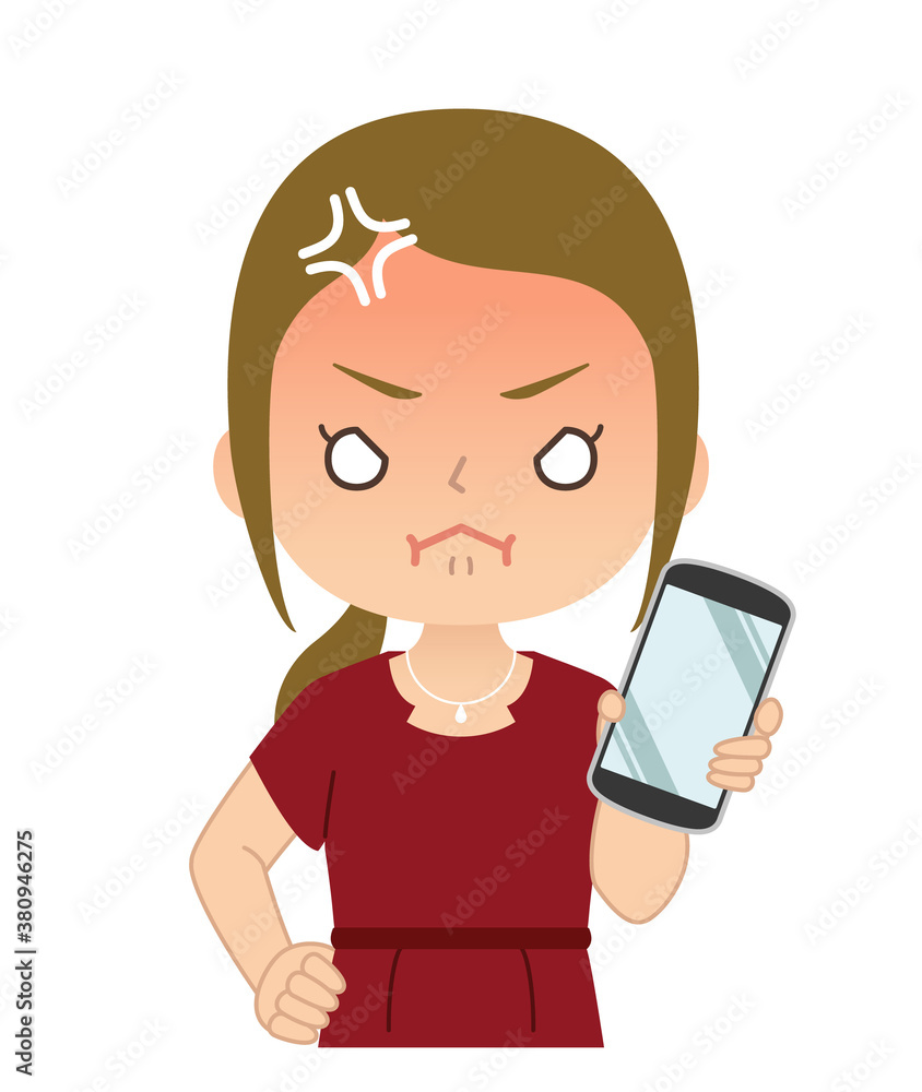 怒った赤い顔でスマホを持つ女性 イラスト 怒った赤い顔でスマホを持つ女性 イラスト