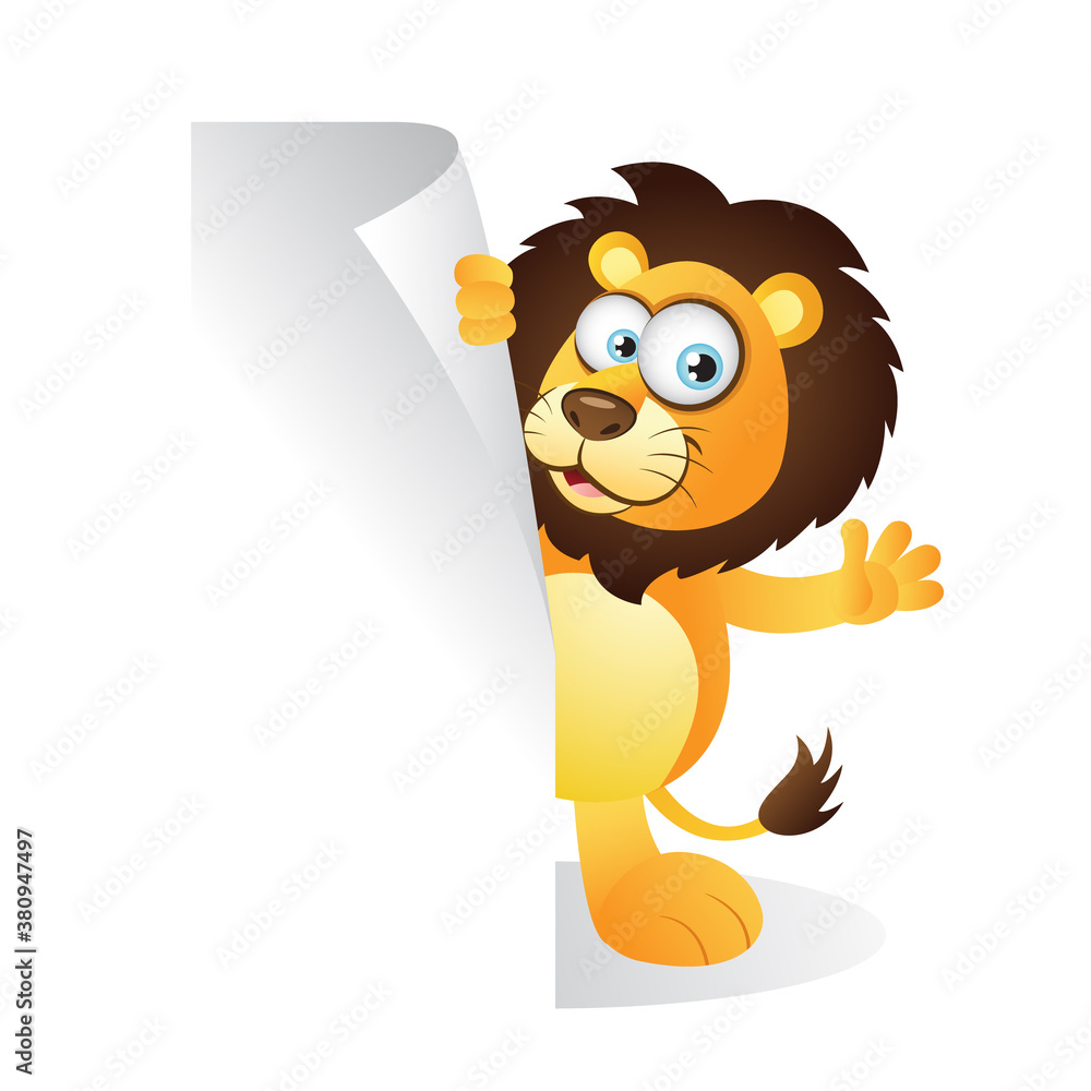 Obraz premium Cartoon Lion standing beside Signboard