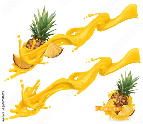 Yellow sweet splash and pineapple. 3d realistic vector illustration
