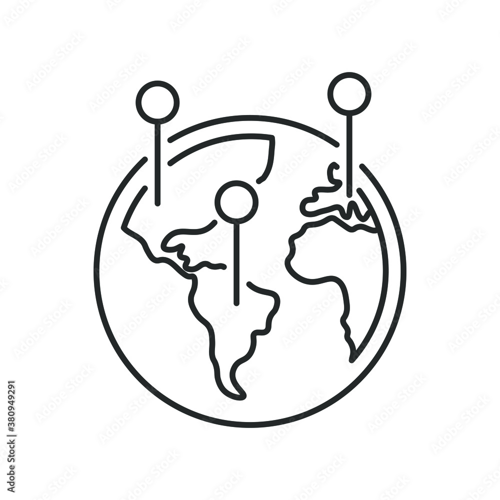 round markers on the map, globe line icon