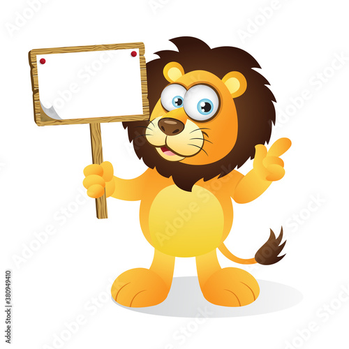 Cartoon Lion holding a wooden blank signboard