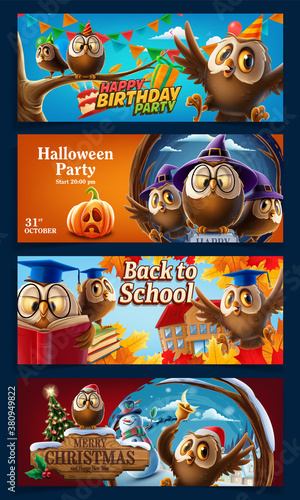 set of holiday celebration banners with lucky owls
