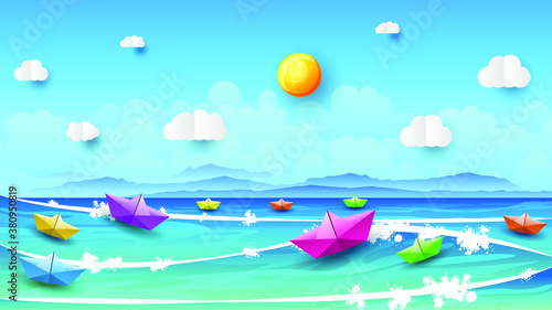 Abstract Paper Cut Ocean Sea Background Vector With Wave Paper Ships Clouds Sun Design Style Landscape