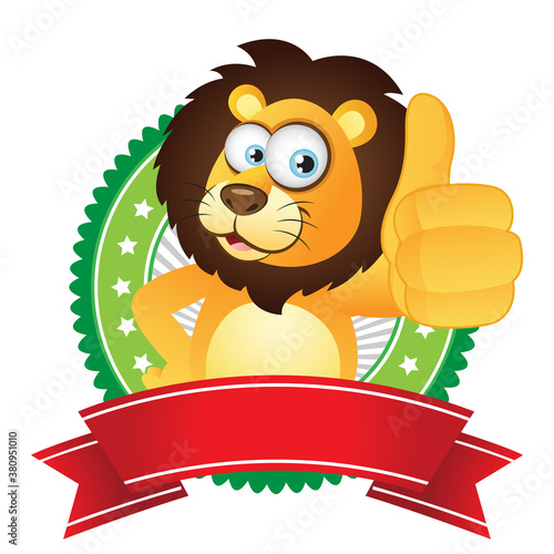 Cartoon Lion thumbs up with badge label 