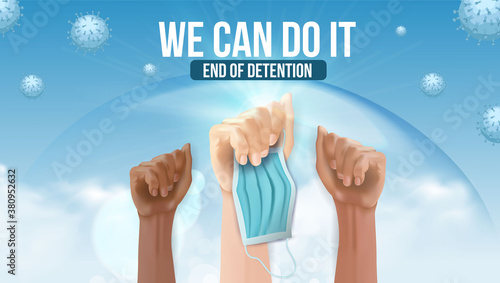 Protest with raised hand holding mask fist to stop Covid's disease. Cheers for doctors fighting. Covid-19 protection. Protest with raised Hand holding mask. Clean thoroughly, antibacterial.bacteria
