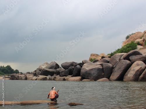 Tungabhadra River, Hampi, Hampe, Vikayanagar UNESCO World Heritage Site, located in east-central Karnataka, India, Hindu religion