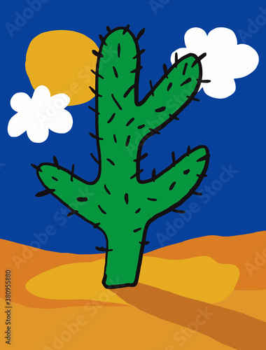 Cute Vector Ilustration with Big Green Cactus Isolated on a Blue Background. Sweet Nursery Art with Funny Hand Drawn Cacti, White Clouds, Blue Sky and Yellow Sun. photo