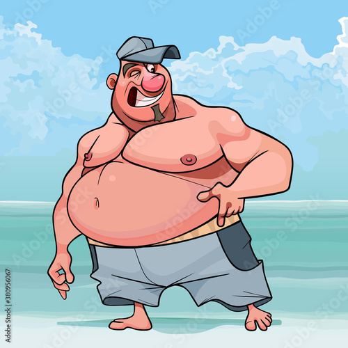 cartoon fat man with naked torso on the seashore