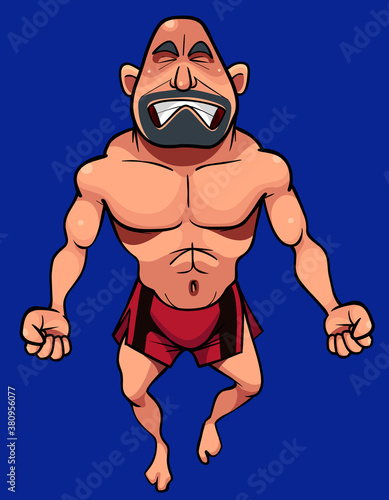 cartoon fighter in red shorts and muscular naked torso