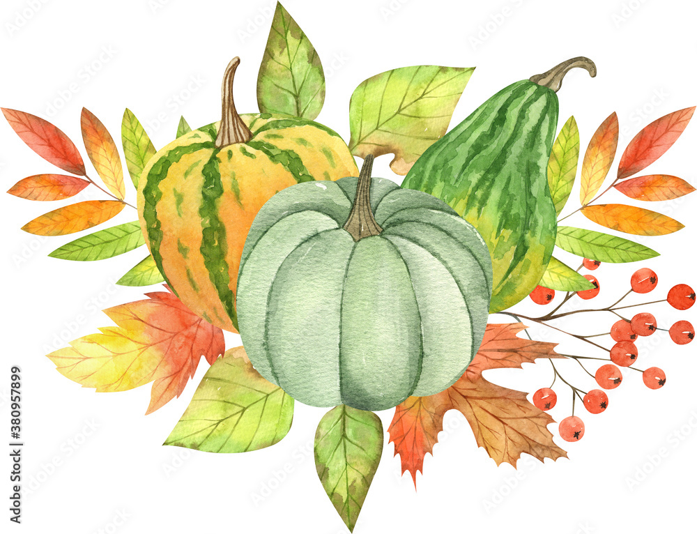 Watercolor fall pumpkins set with colorful leaves, berry, branches inspired by autumn harvest season. Happy Thanksgiving Pumpkin clipart. Bright vegetables perfect for card and invitation making