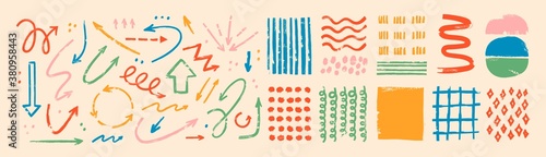 Various sketchy Doodle Arrows, Direction pointers Shapes and Objects. Freehand colorful Lines, curves, dots, spiral. Brush stroke style. Grunge texture. Hand drawn abstract Vector set