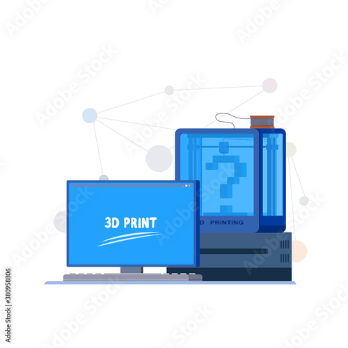 Vector illustration of 3D printing with parallel view,Computer screen with three views and question mark printing in the printer.