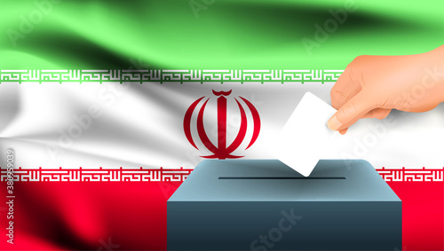 Male hand puts down a white sheet of paper with a mark as a symbol of a ballot paper against the background of the Iran flag. Iran the symbol of elections