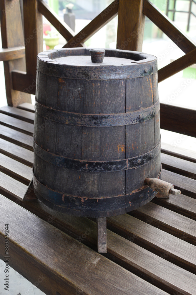 Wooden wine barrel used in a winery