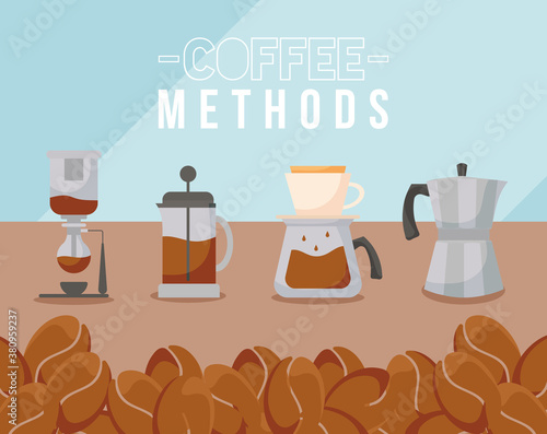 coffee methods with french press pot kettle and beans vector design