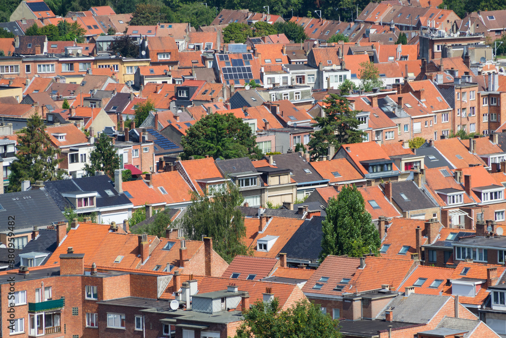 Red rooftops of residential buildings seen from above in a big city