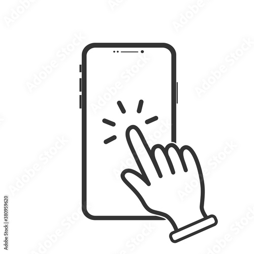 Smart phone, finger clicking vector. Smartphone screen with hand, Touch screen icon