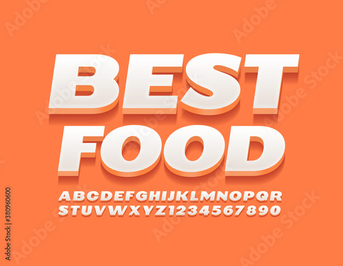 Vector quality badge Best Food. White Uppercase Font. 3D trendy Alphabet Letters and Numbers set