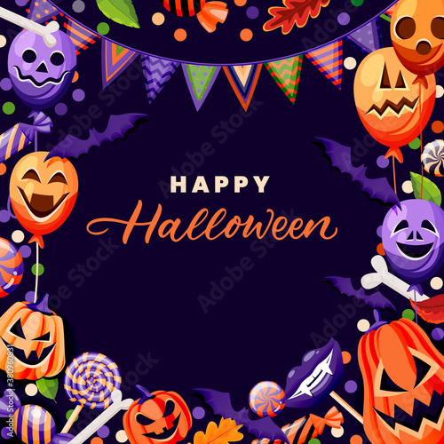 Halloween poster banner frame design with balloons, pumpkin lanterns and candies. Vector holiday decoration illustration