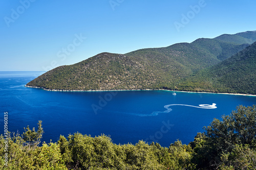 motor boat in the bay of the Ionian Sea a on the island of Kefalonia
